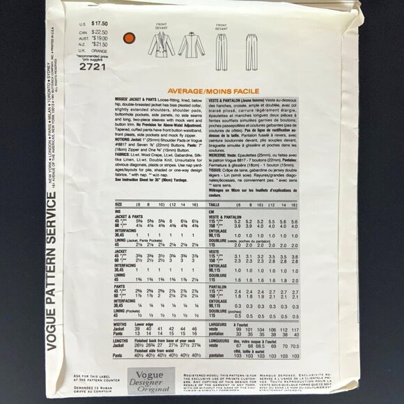 Vogue 2721 Genny Designer Original Misses Jacket Pants Sz 6-10 Sewing Pattern - Picture 2 of 3